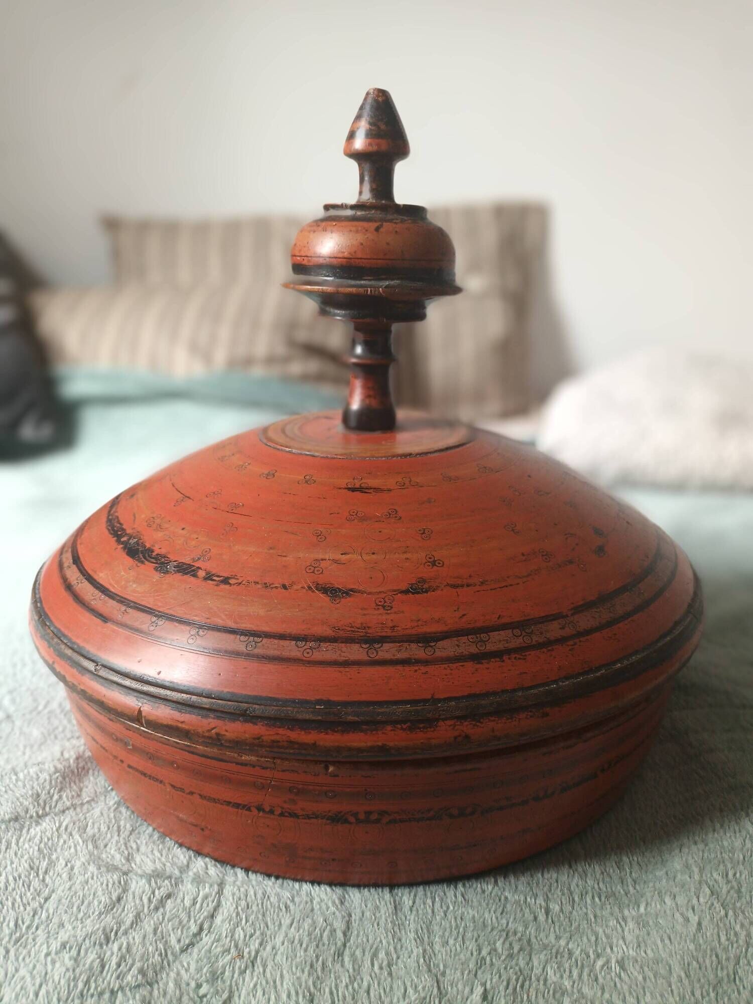 Large antique lacquered wooden Chapati box, ethnic offering box 35cm