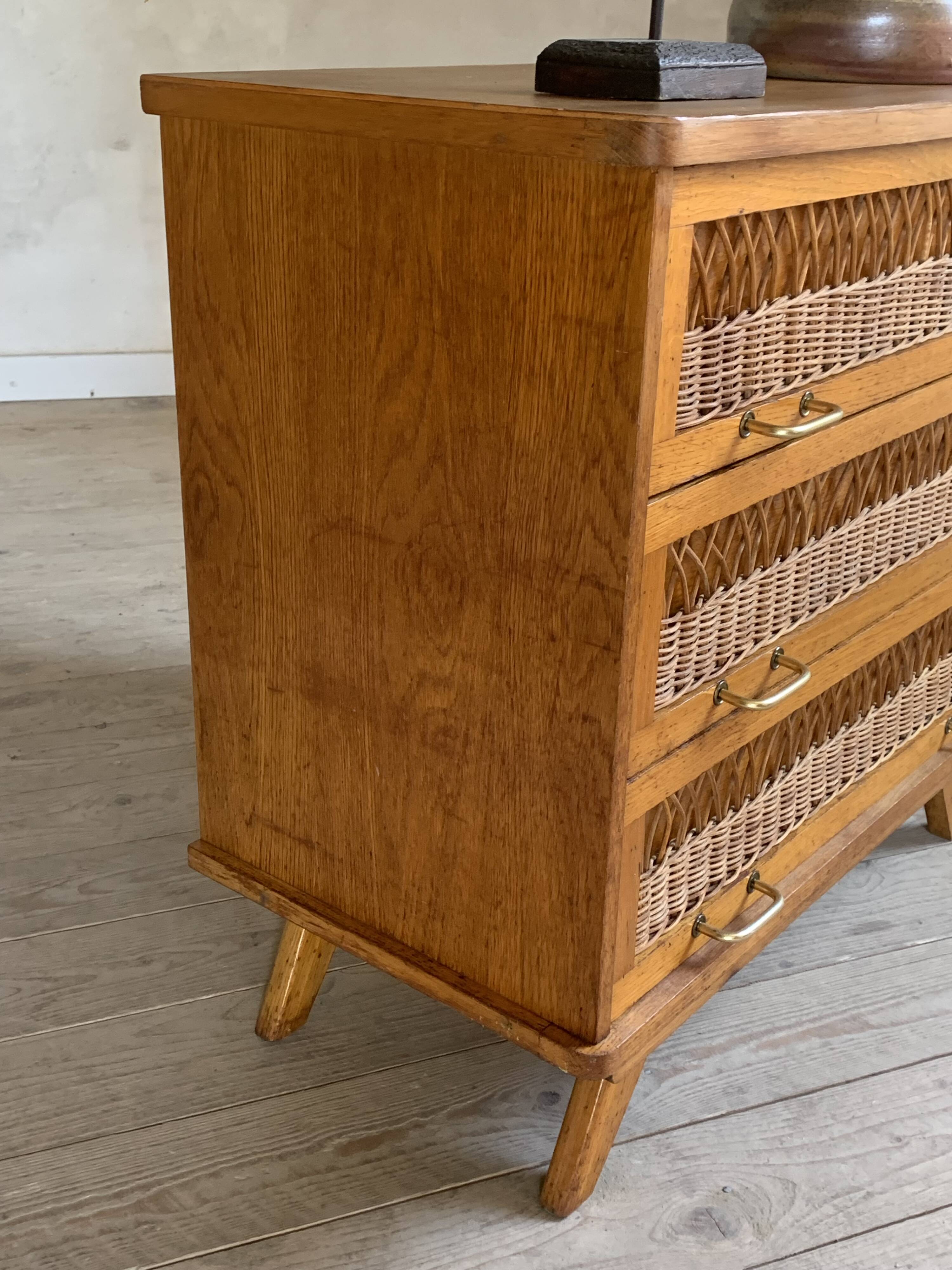 Vintage oak and rattan chest of drawers