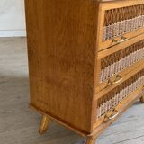 Vintage oak and rattan chest of drawers