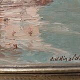 Oil on canvas by RU Rinaldi: castle on the banks