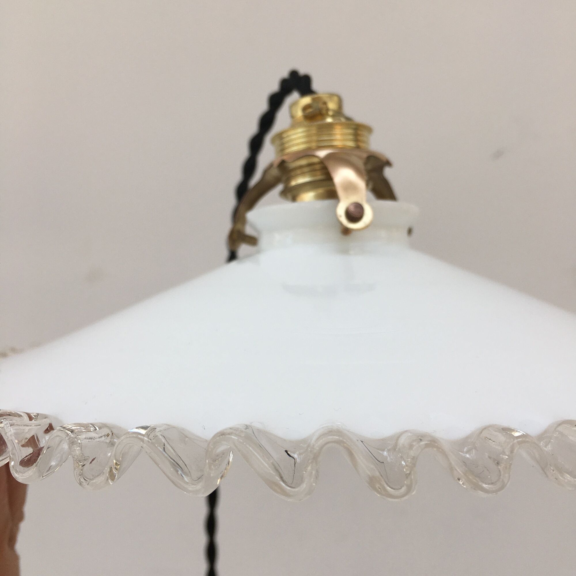 Pairs of vintage suspensions in white opaline with serrated edges