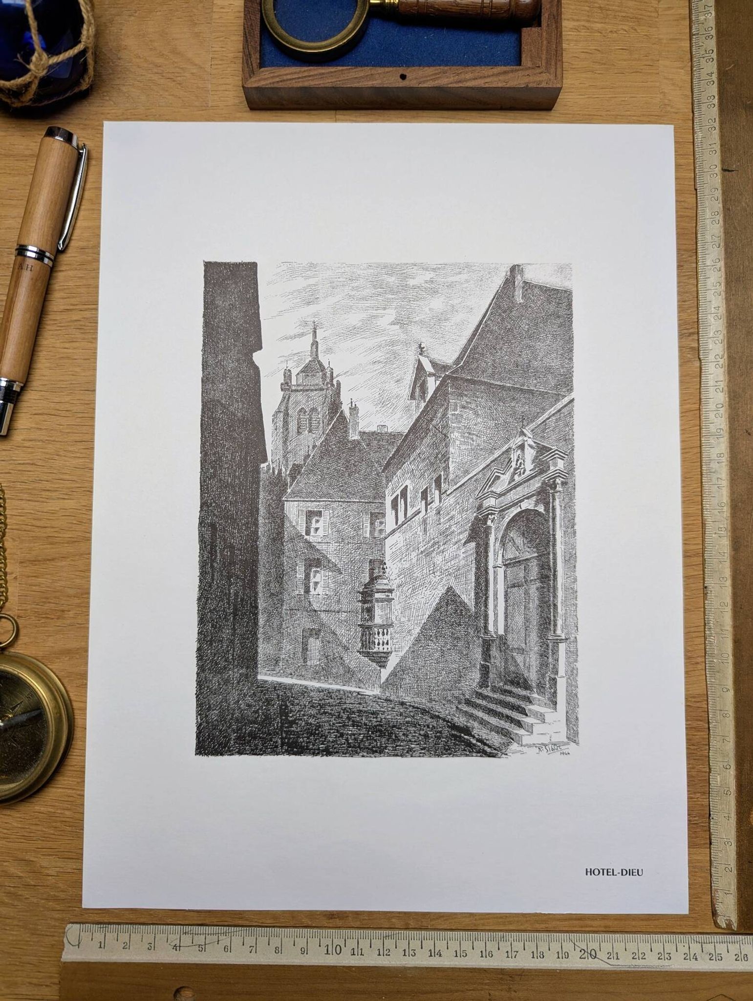 Hôtel-Dieu, Dole, Jura, vintage engraving, printed in 1950.