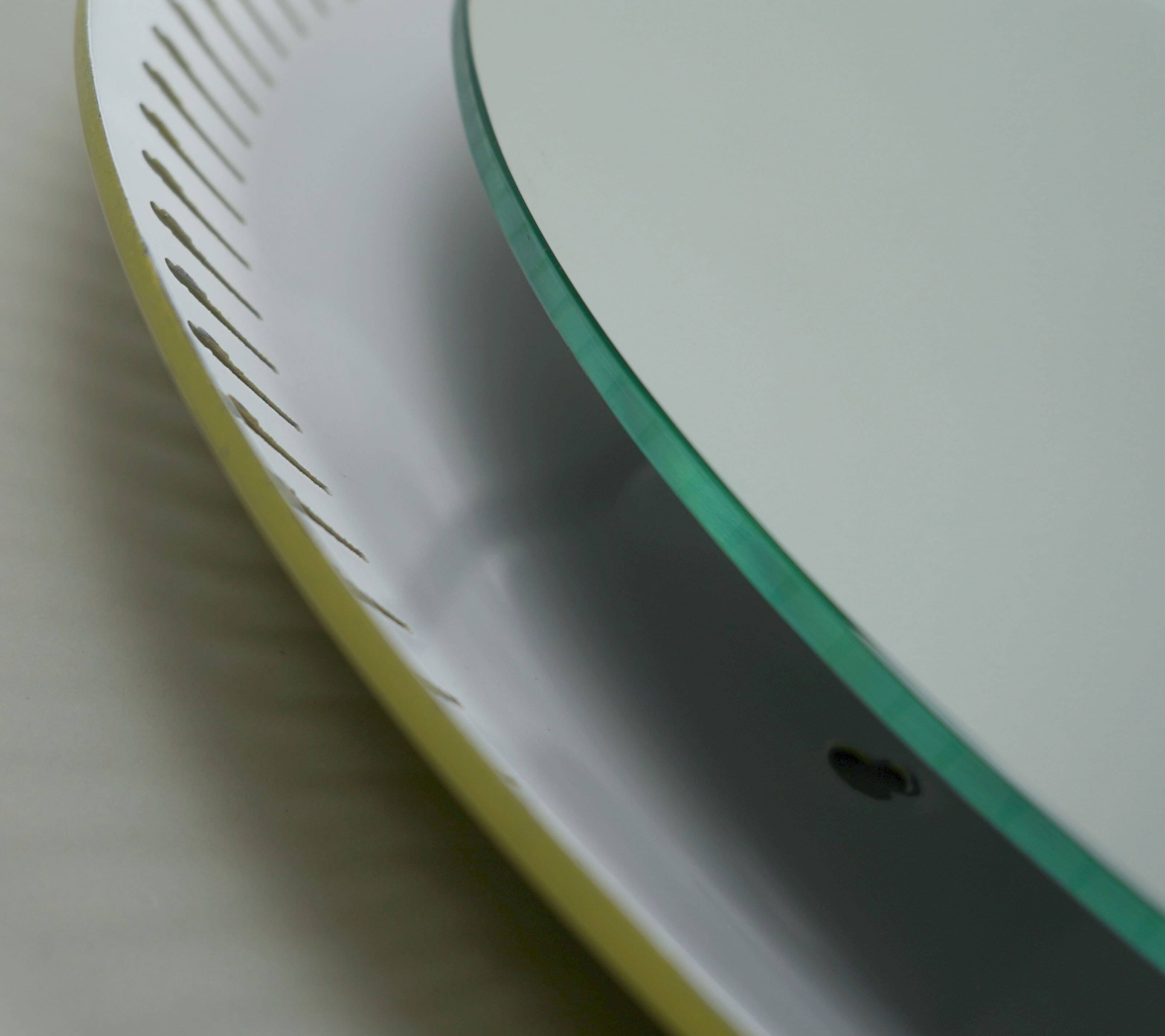 round mid century modern illuminated WALL MIRROR with metal frame 1950s