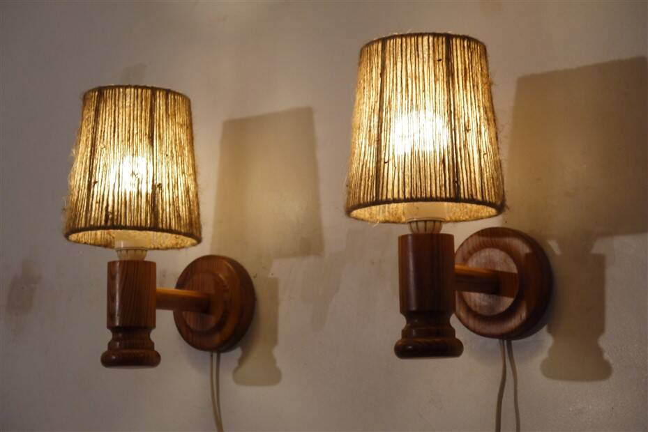 Paire d'applique vintage en bois et corde 1960