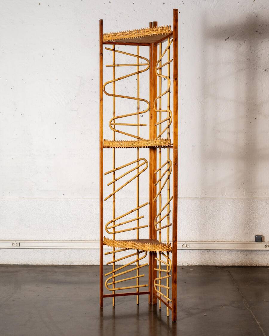 Large wooden and bamboo corner shelf