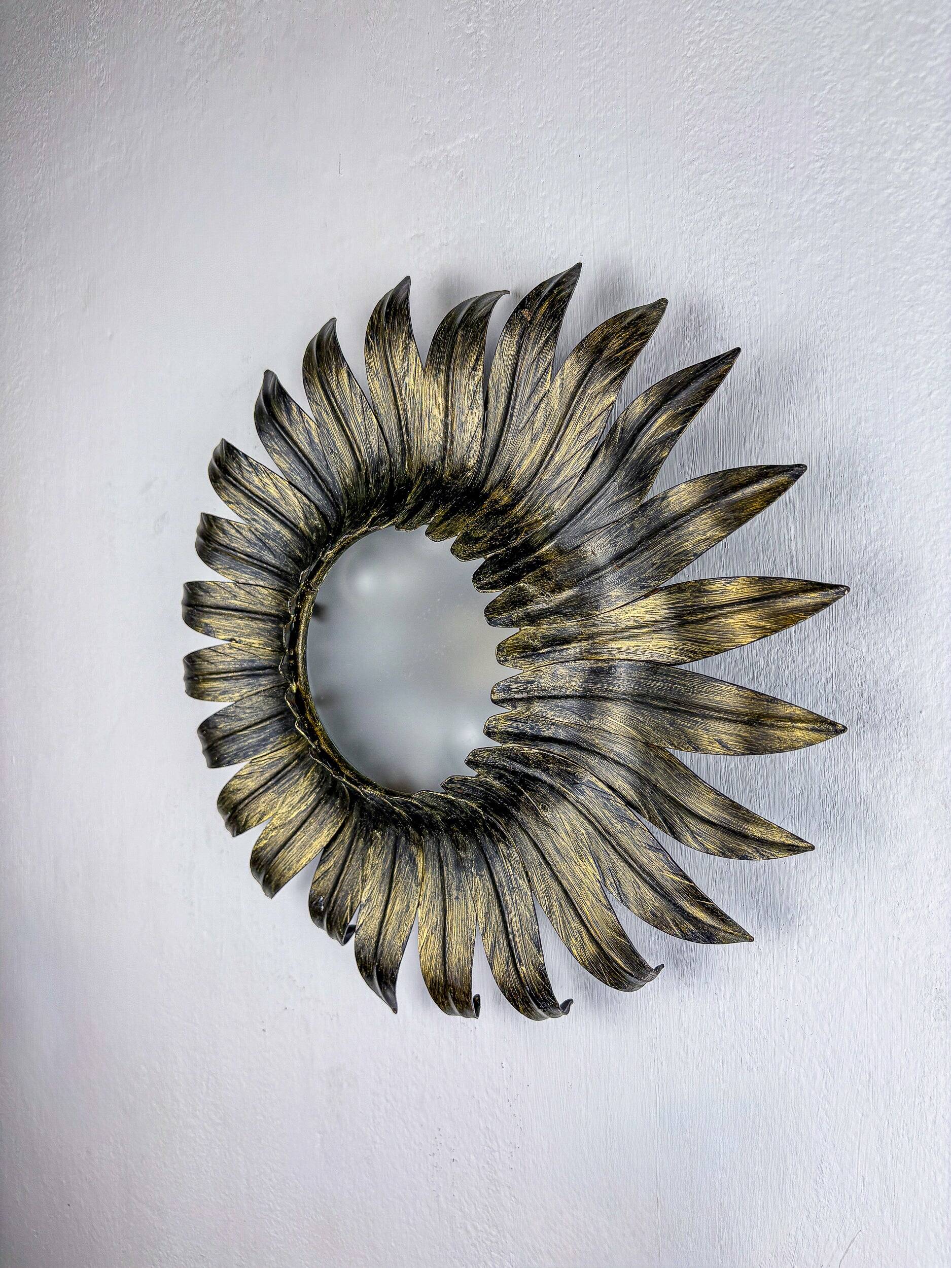 Spanish sunburst foliage ceiling light fixture in gilt iron, 1960s
