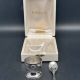 Duo of egg cup and its small white metal spoon (silverware) Ercuis