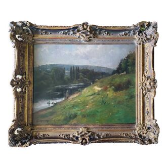 Oil on canvas "River Landscape" Karl Daubigny (1846-1886)