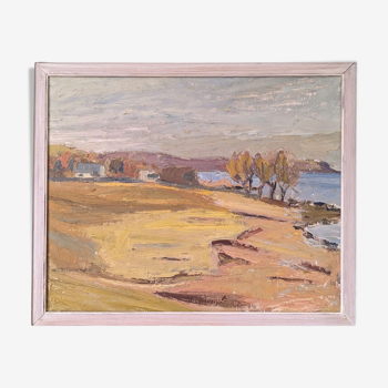 Peinture à l’huile de paysage vintage suédoise moderne « Golden Meadows » du milieu du siècle, encadrée