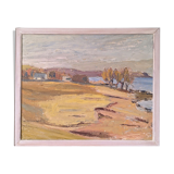 Peinture à l’huile de paysage vintage suédoise moderne « Golden Meadows » du milieu du siècle, encadrée