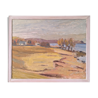 Peinture à l’huile de paysage vintage suédoise moderne « Golden Meadows » du milieu du siècle, encadrée