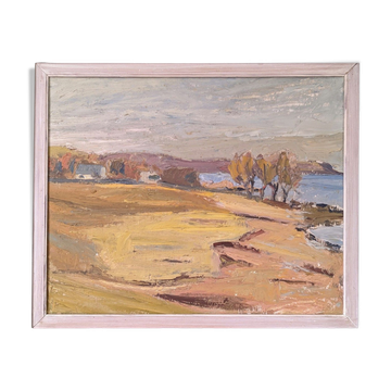 Peinture à l’huile de paysage vintage suédoise moderne « Golden Meadows » du milieu du siècle, encadrée