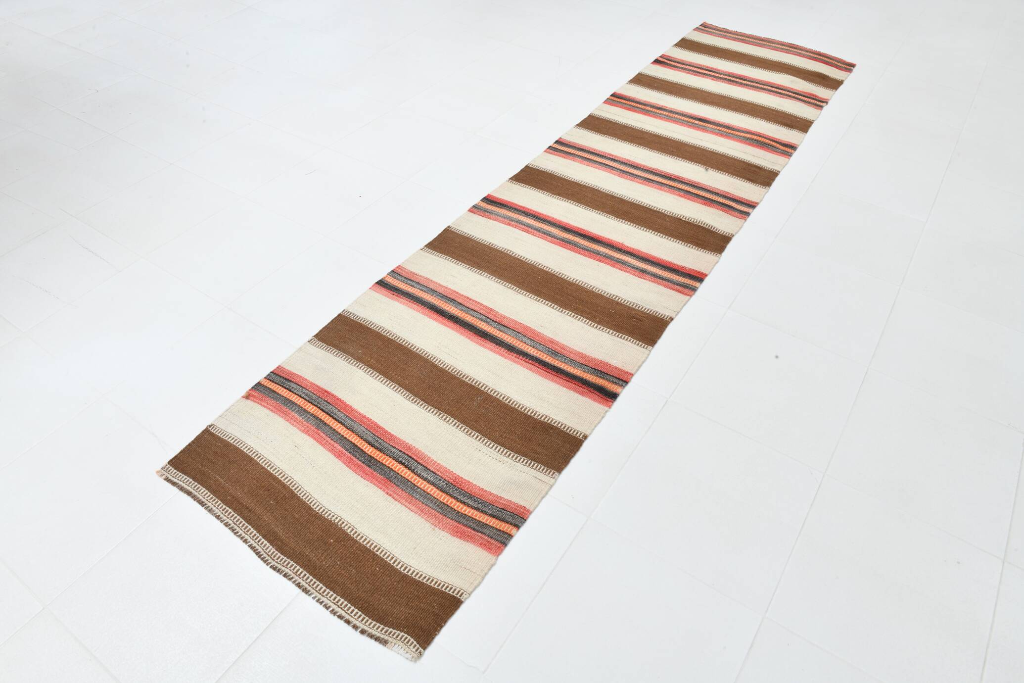 Brown & Beige Striped Vintage Kilim Runner Rug, 78x327Cm