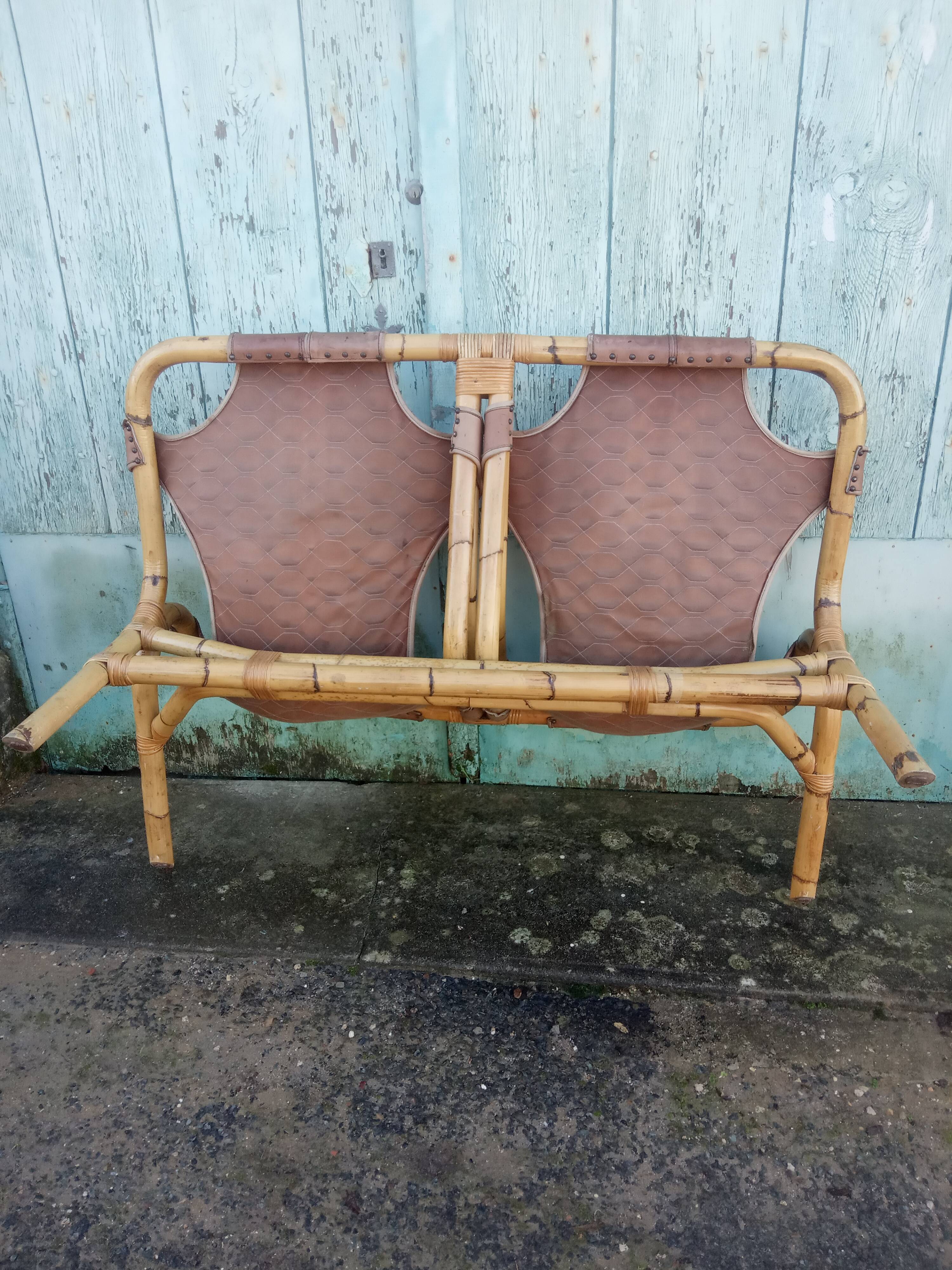 Bench 2 seater Rohe Noordwolde 60s rattan and leather
