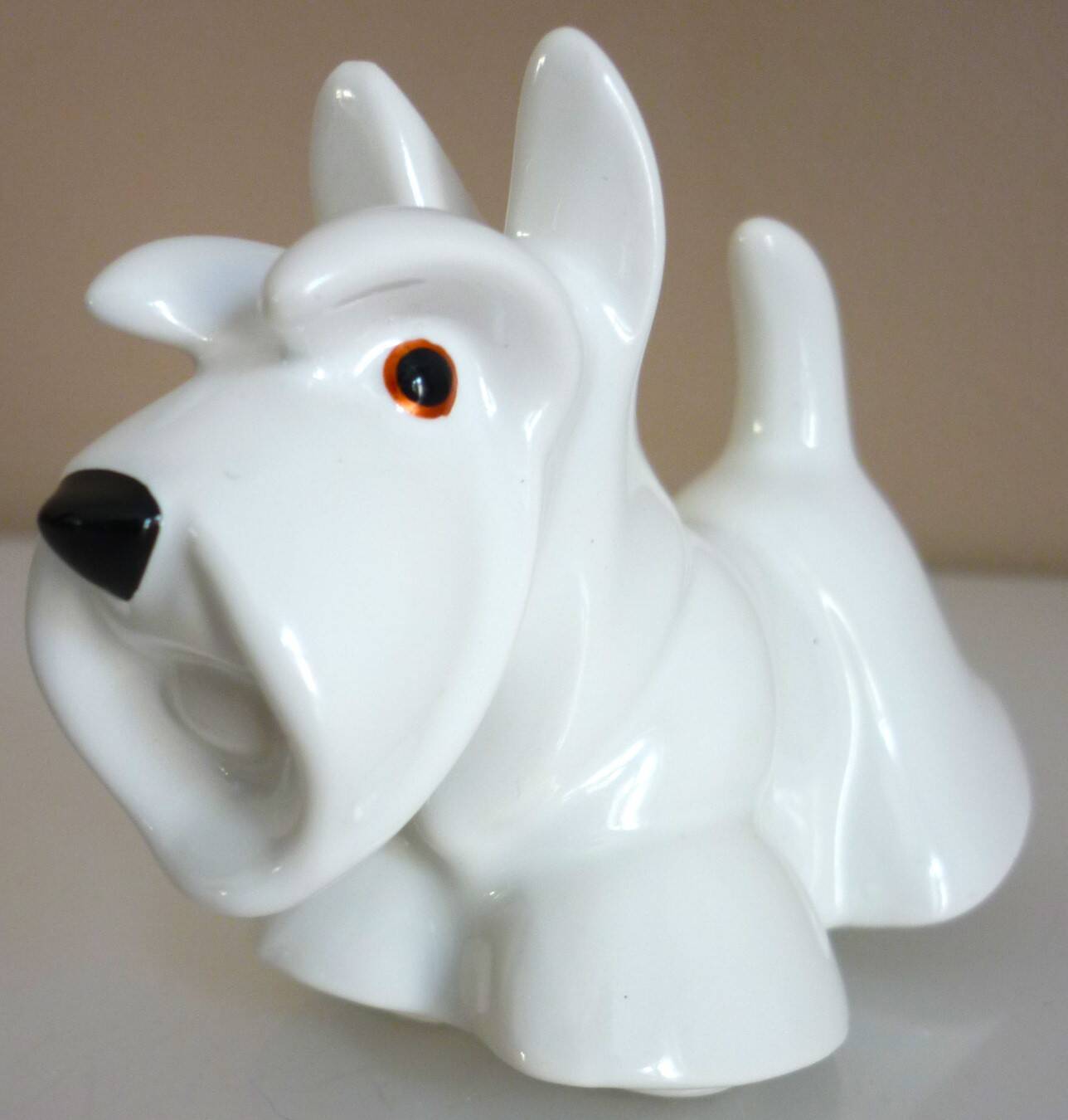 Salt and pepper shakers, glazed ceramic, Scottish terrier dog, signed
