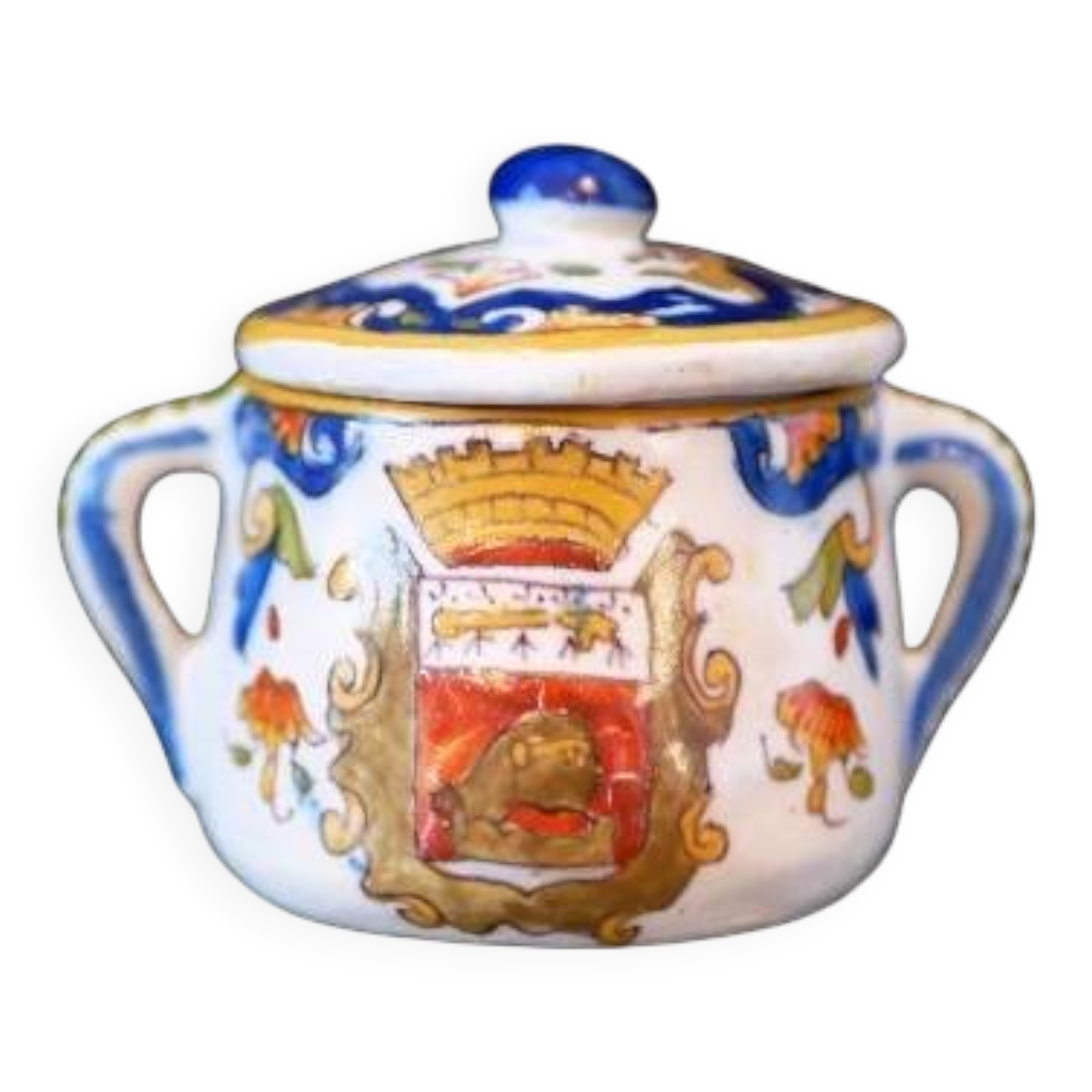 Sucrier ancien de Rouen décoré des armoiries de Saint-Nazaire