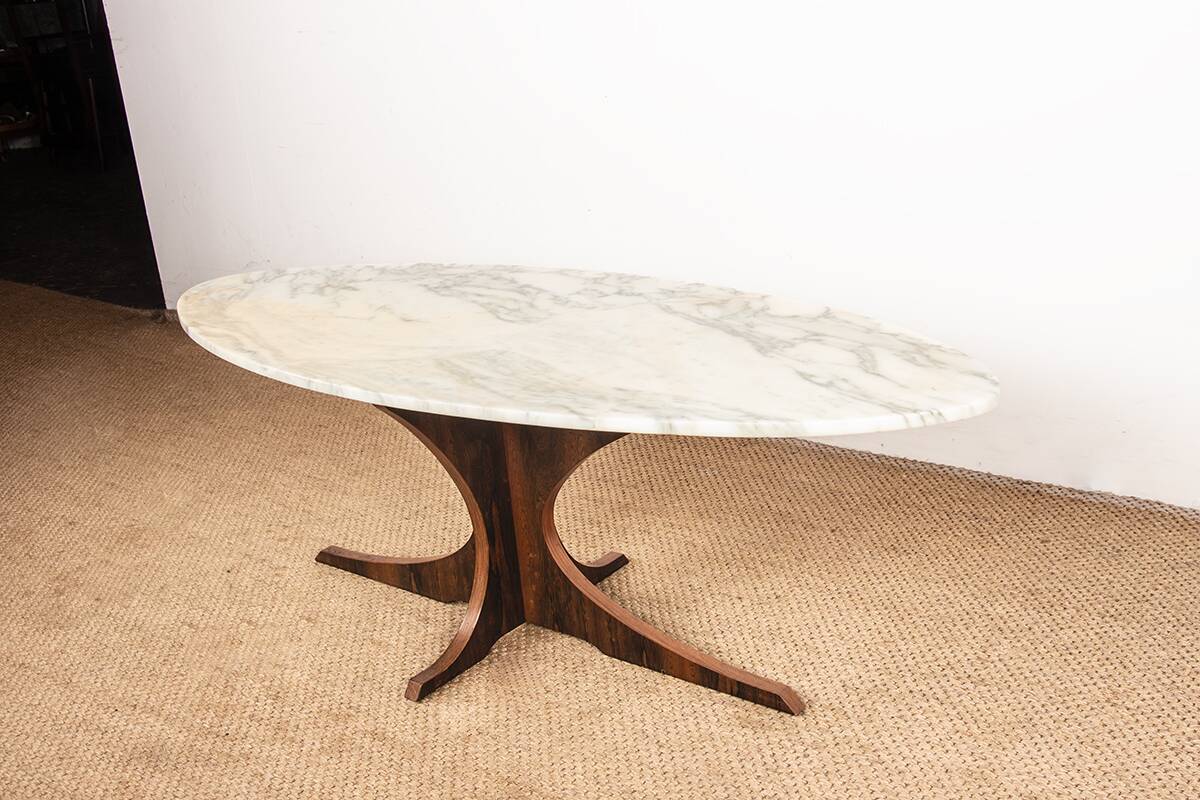 Oval coffee table in Carrara marble and rosewood, Hugues Poignant 1960