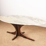 Oval coffee table in Carrara marble and rosewood, Hugues Poignant 1960