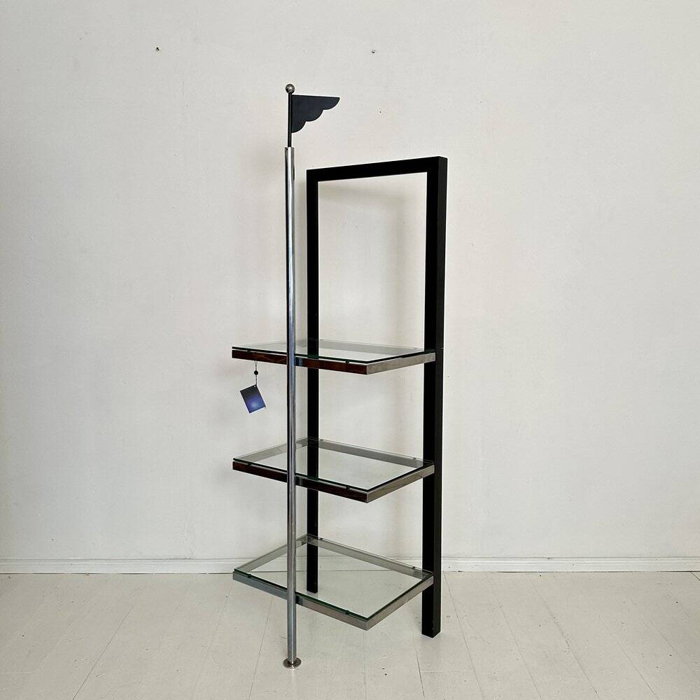 Italian Postmodern Chrome, Black Wood and Glass Shelf by Ponti Terenghi, 1980s