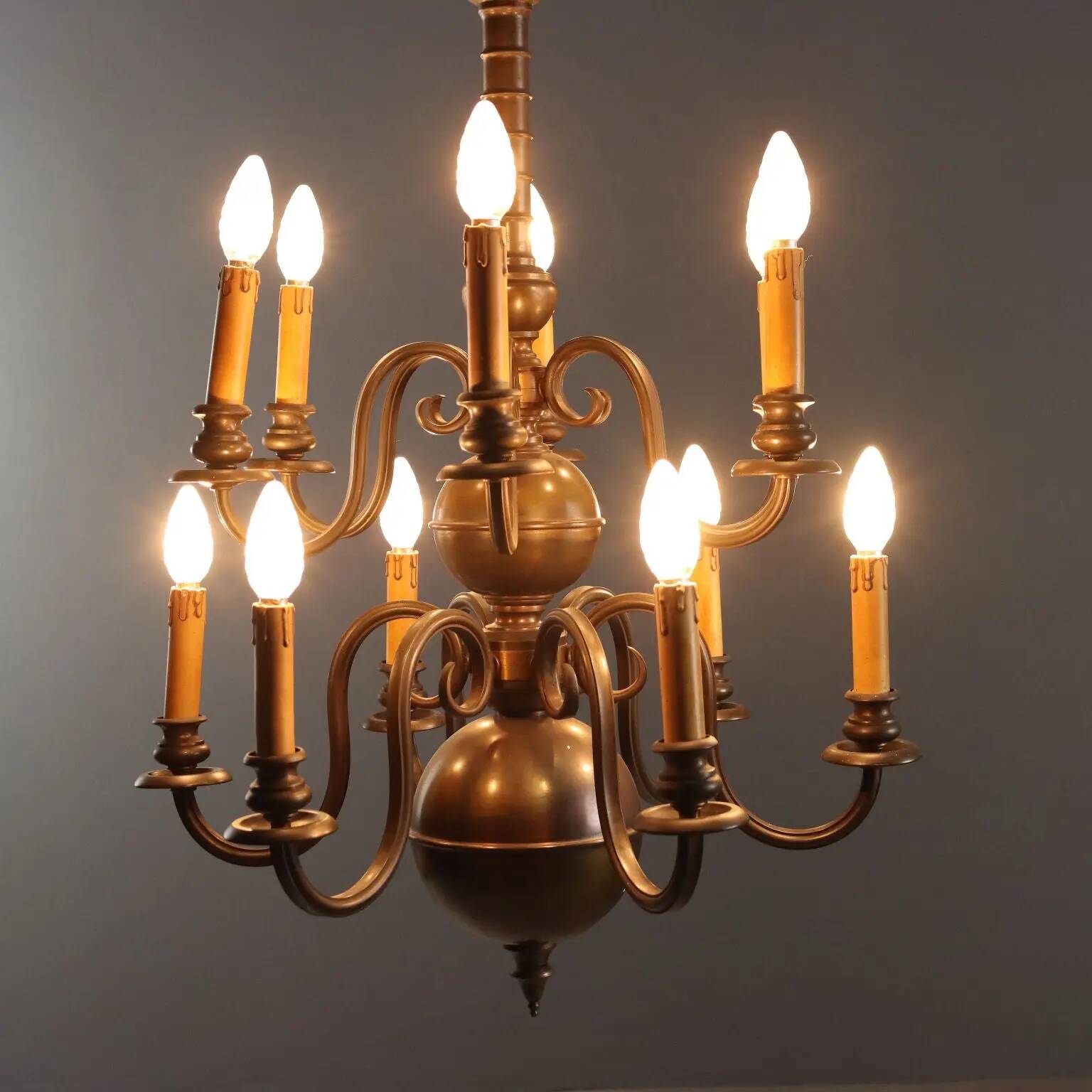 Antique bronze and glass chandelier with 12 lights, Netherlands, 20th century.