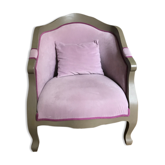 Fauteuil bergère style Louis XV velours rose