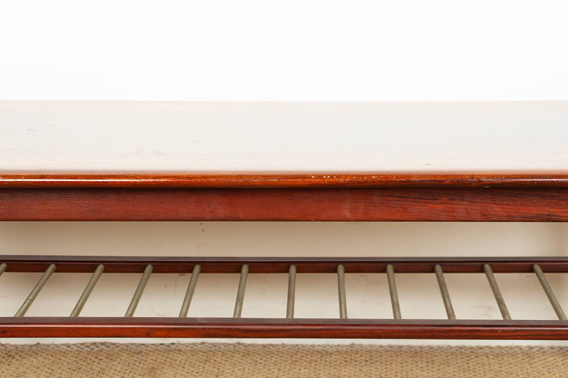 Rosewood and metal tube coffee table, two levels, Denmark 1960.