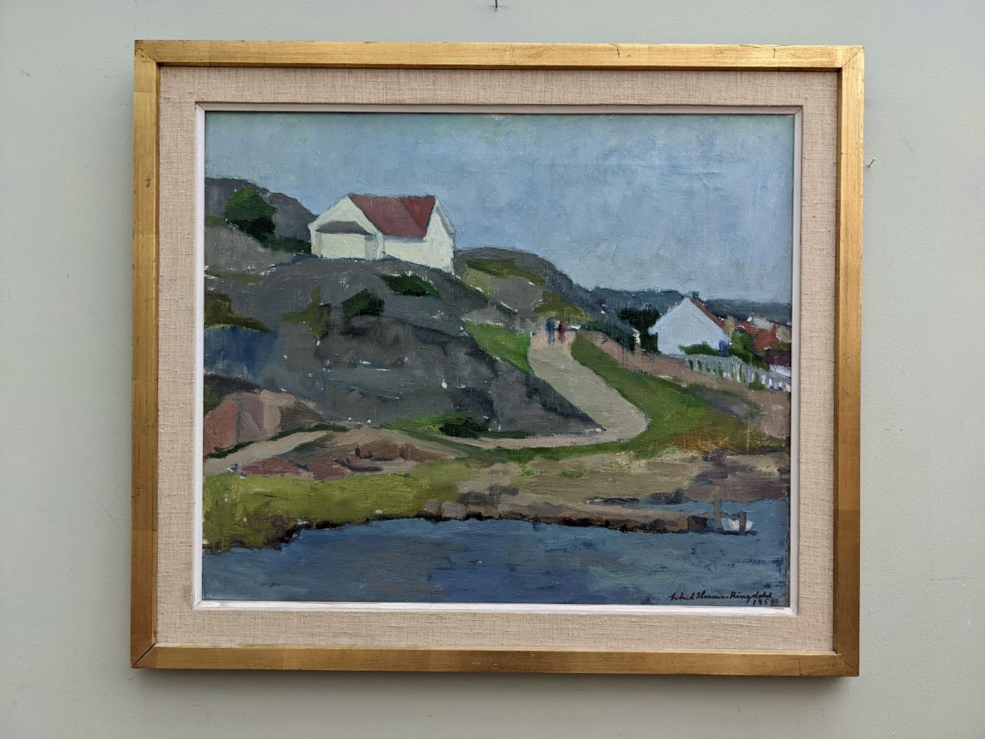 1954 Mid Century Modern Landscape Oil Painting 'Walking the Archipelago', Framed