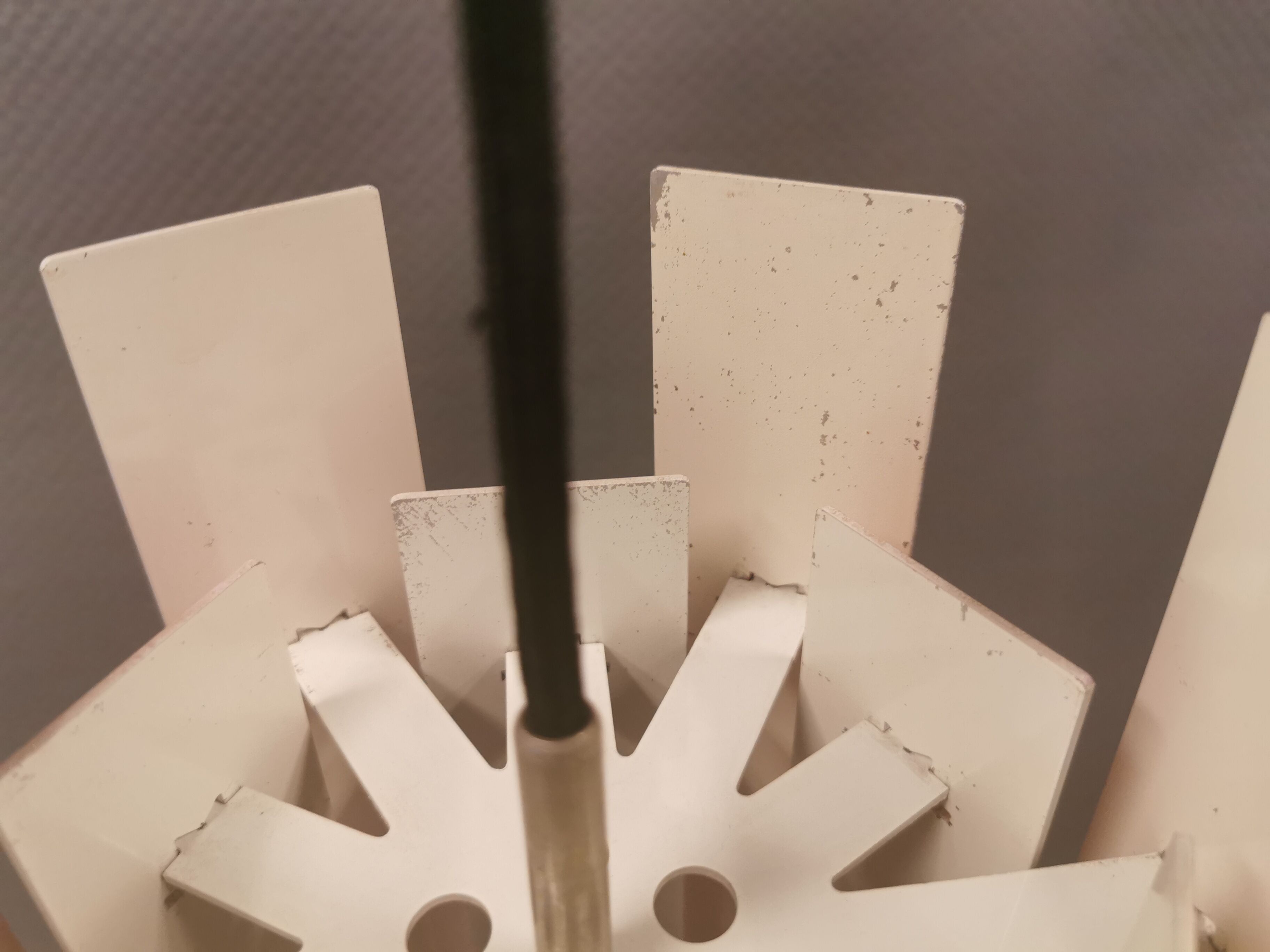 Danish hanging lamp model "Cocktail" consisting of 12 red/white aluminium slats