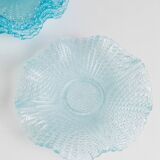 Six-piece turquoise crystal glass bowls, vintage 1980s, ruffled scalloped rims, pressed texture