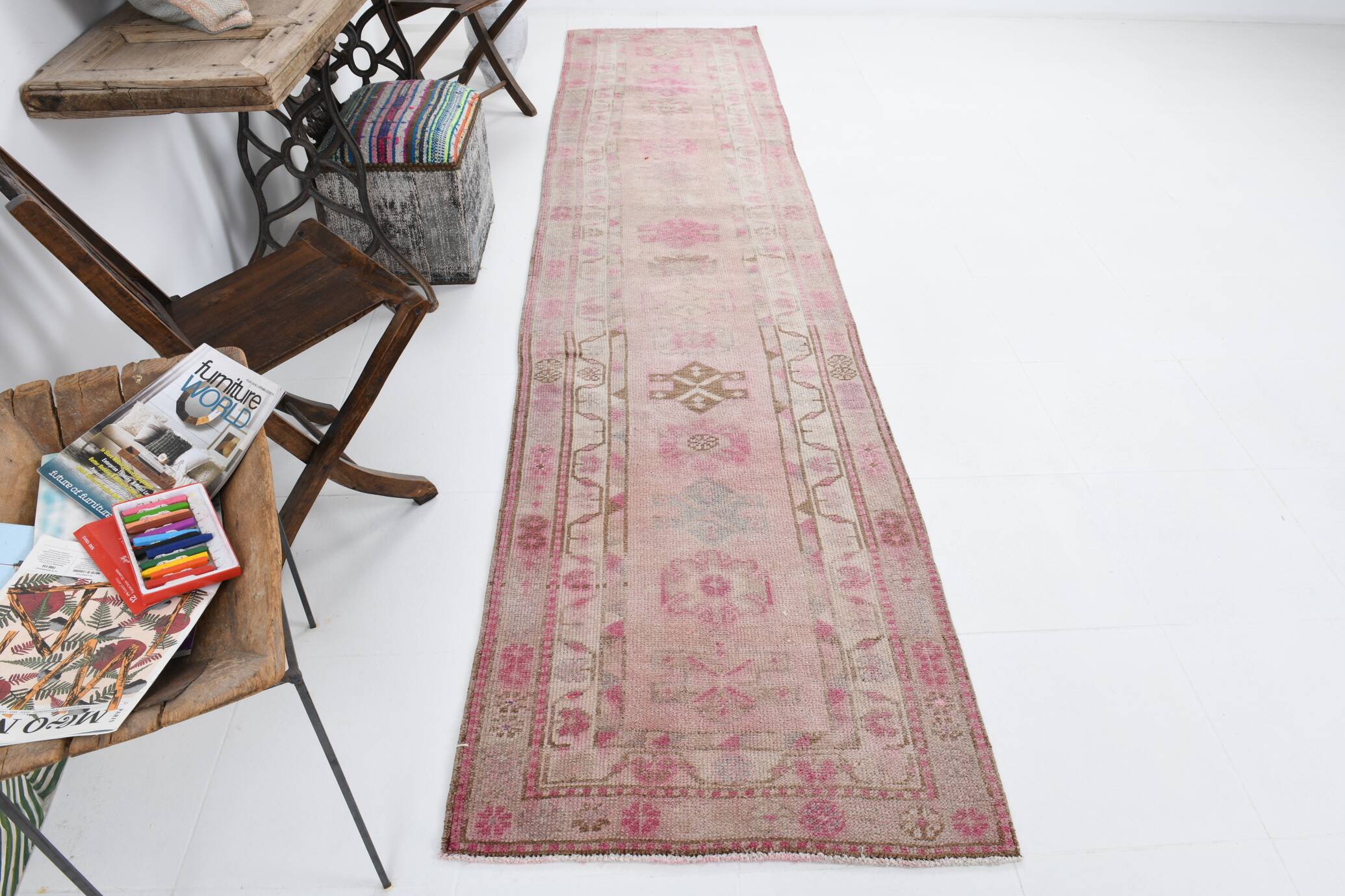 3x12 Soft Pink & Brown Turkish Runner Rug, 86x374CM