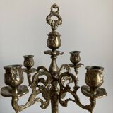 Large brass candlestick with 5 lights and its accessory for extinguishing candles