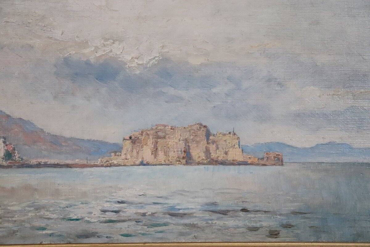 View of the Gulf of Naples, oil painting on board, Italy early 20th century, signed