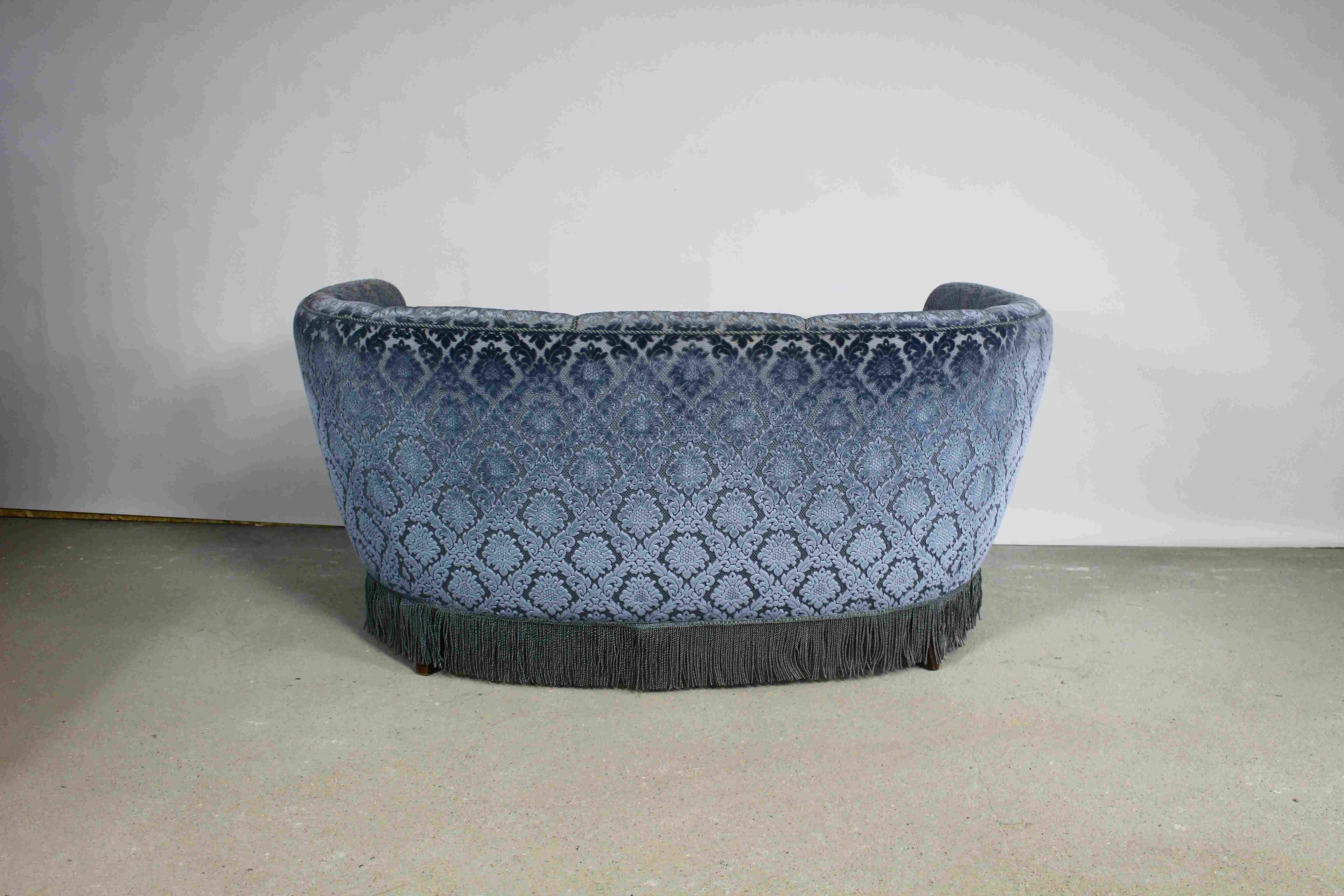 Art deco blue velvet banana sofa, denmark 1950s