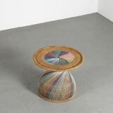 Polychrome wicker pedestal table, circa 1970