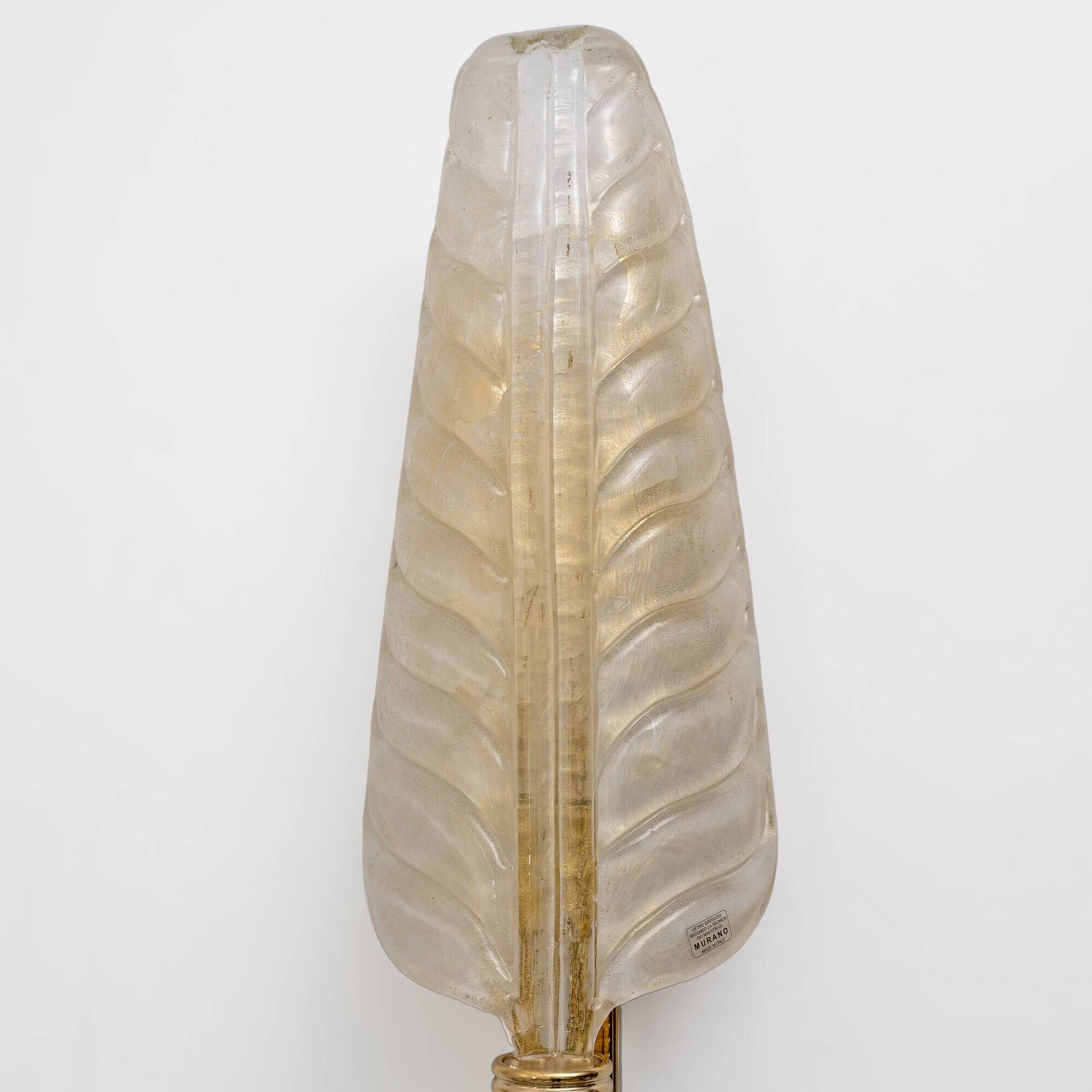 Pair of Murano Glass Leaf Wall Sconces with Gold Powder and Brass, Italy