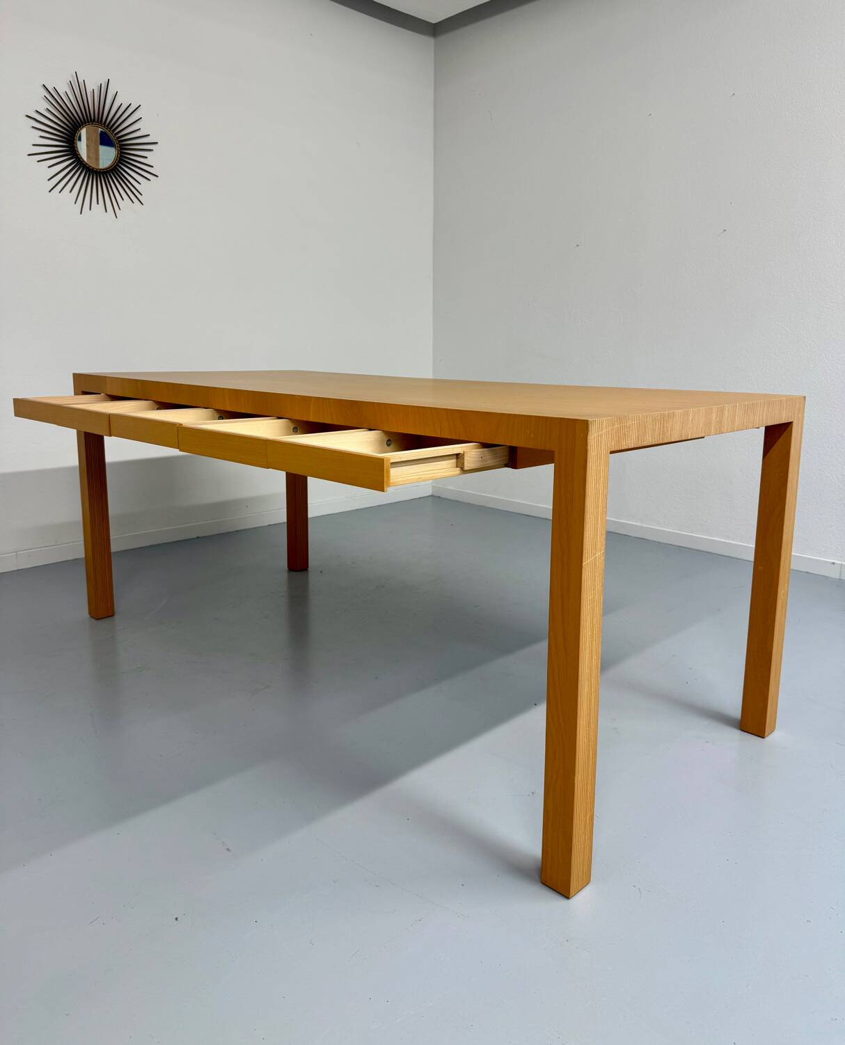 Post-modern striped wood table with drawers, design 80.