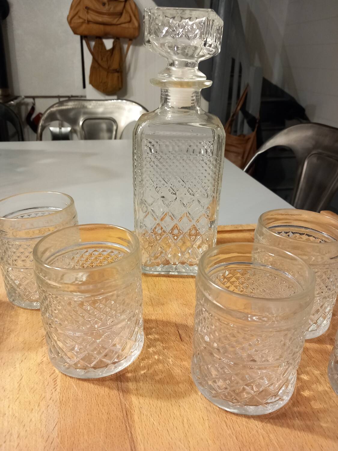 Whiskey service in glass carafe and 6 glasses