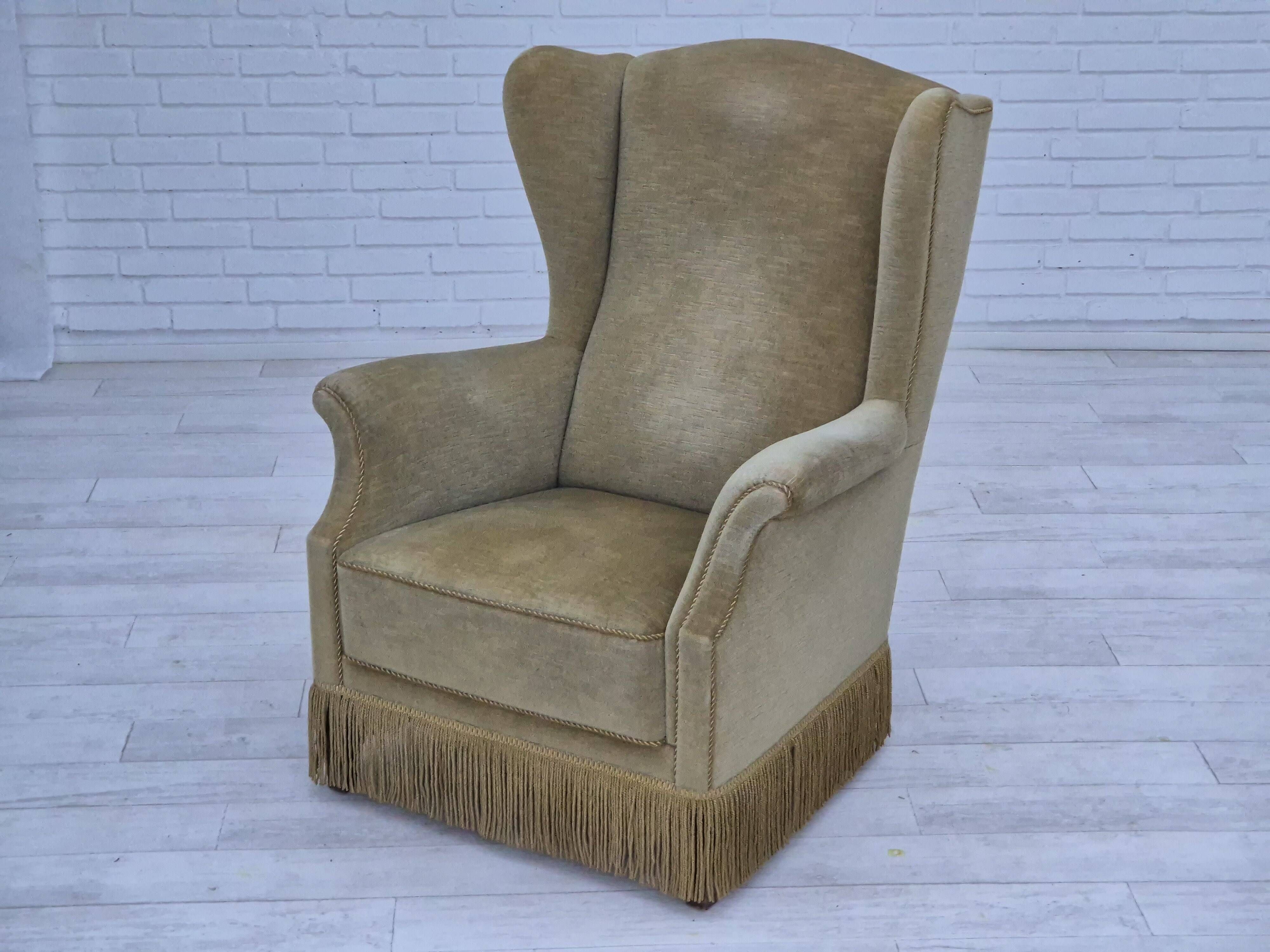1970s, Danish design, wingback armchair, original condition, furniture velour, beech wood legs.