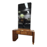 Console Art Déco en ronce de thuya avec miroir et tiroirs