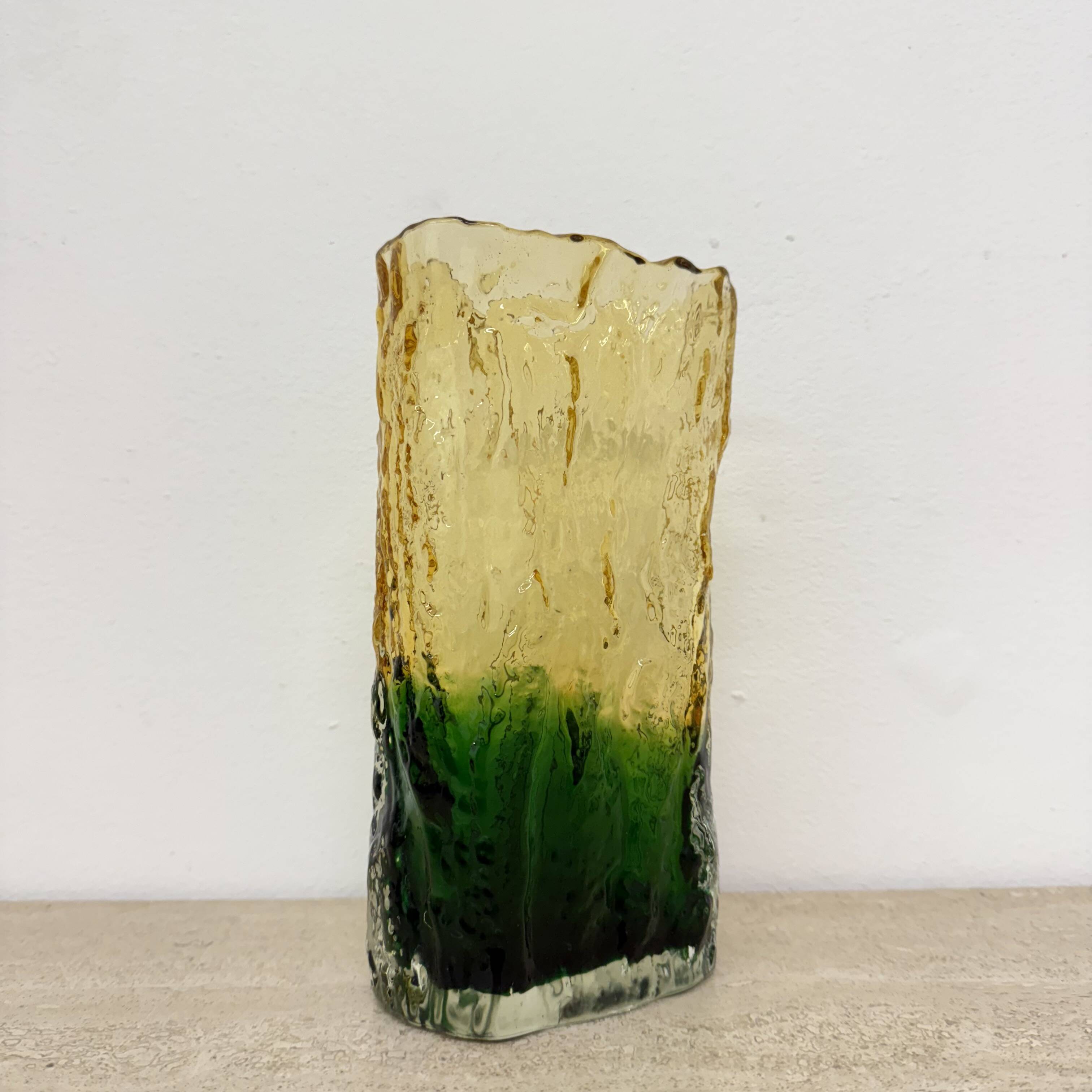 Vintage bark glass vase yellow and green , 1970’s