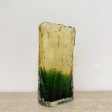 Vase vintage en verre écorce jaune et vert, années 1970