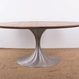 Large round coffee table with tulip leg in brushed aluminum and zebrano 1960.