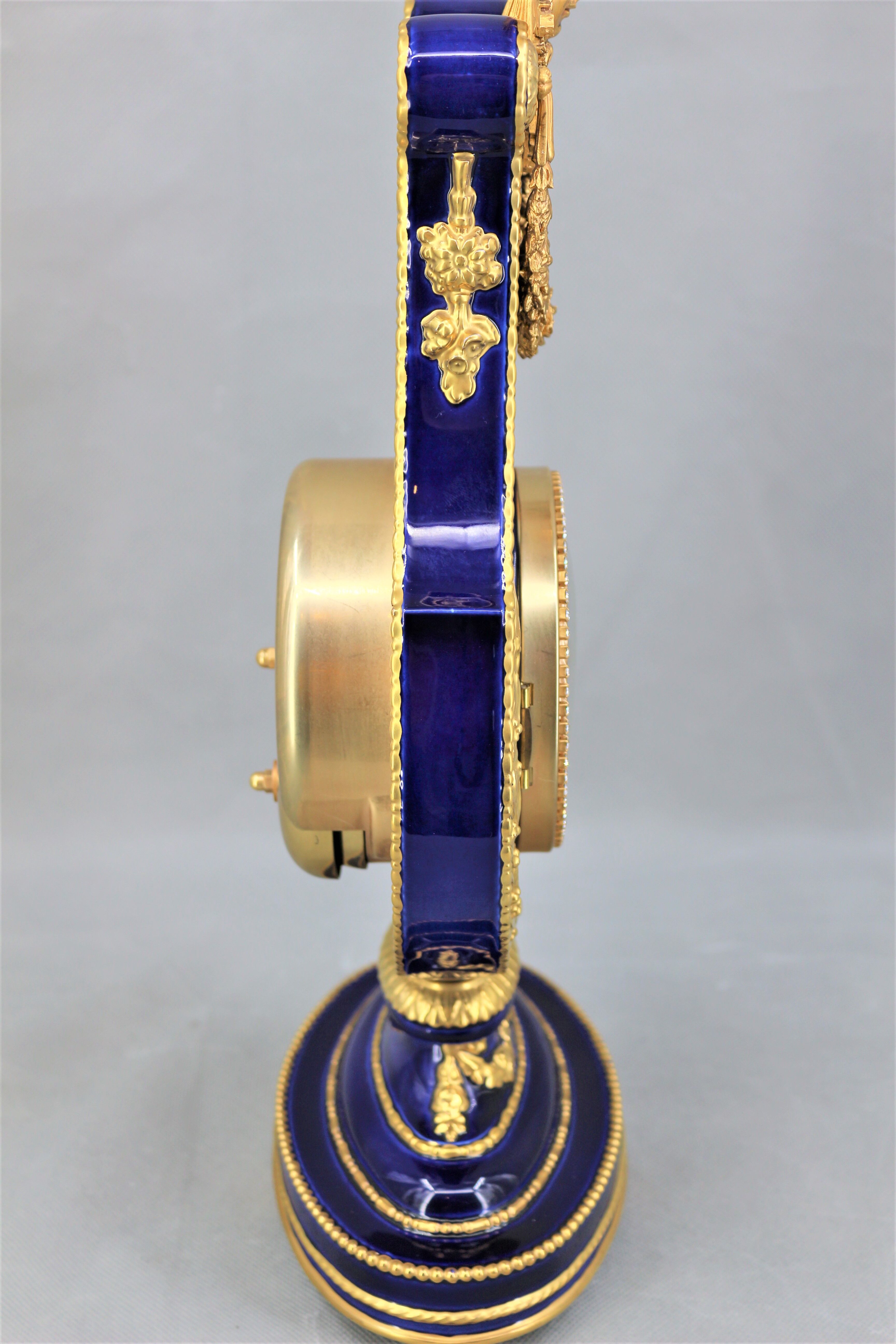 Pendule marie antoinette lyre bleue cobalt et or 24 carats