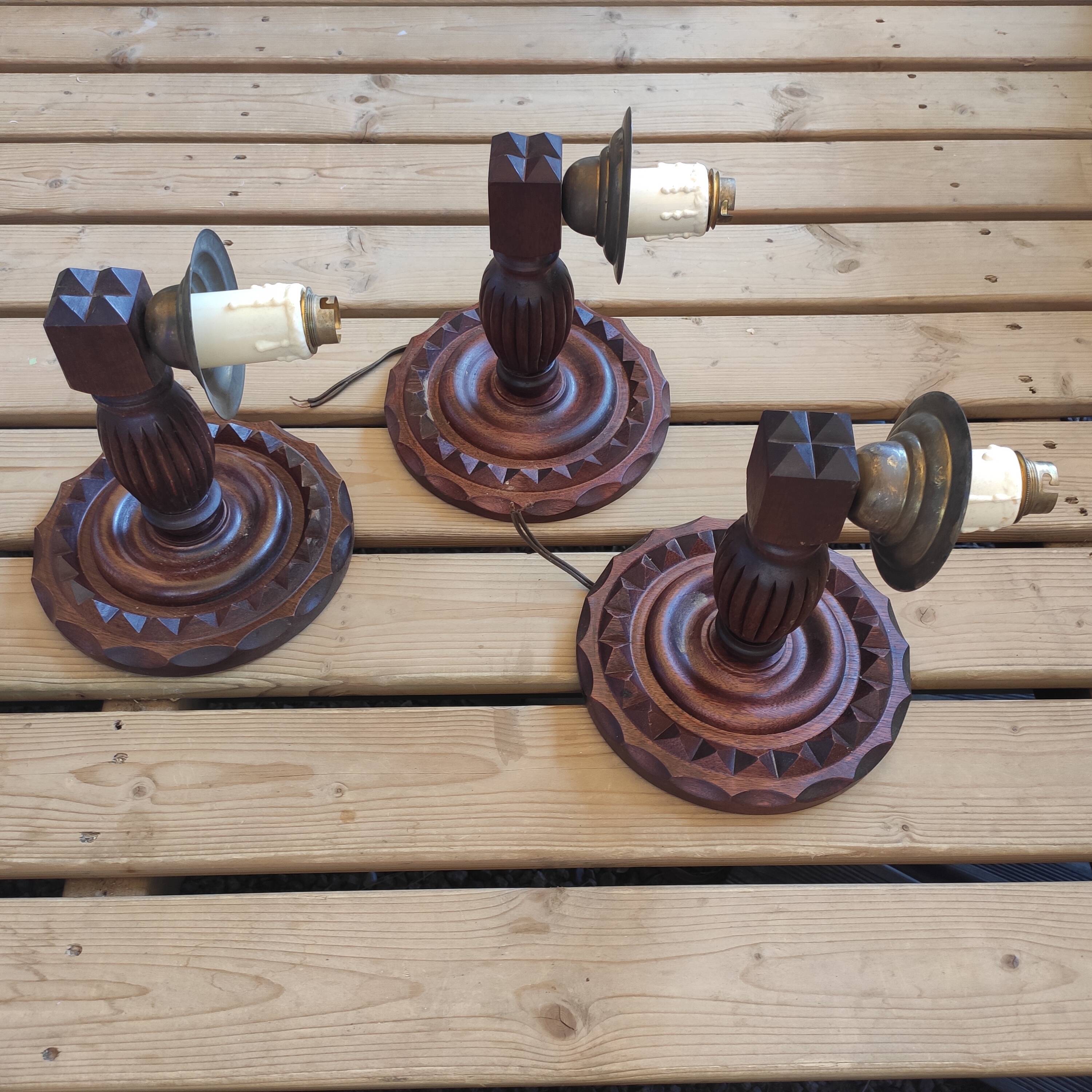 3 vintage wooden wall lights 1970