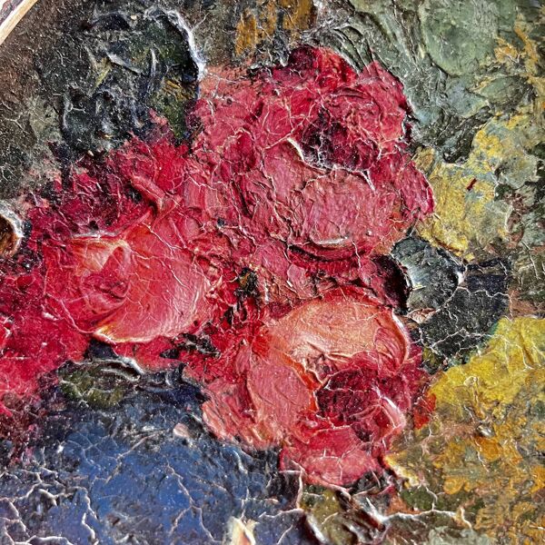 Tableau 1927 ''Roses et pomme'' signé Devillaire