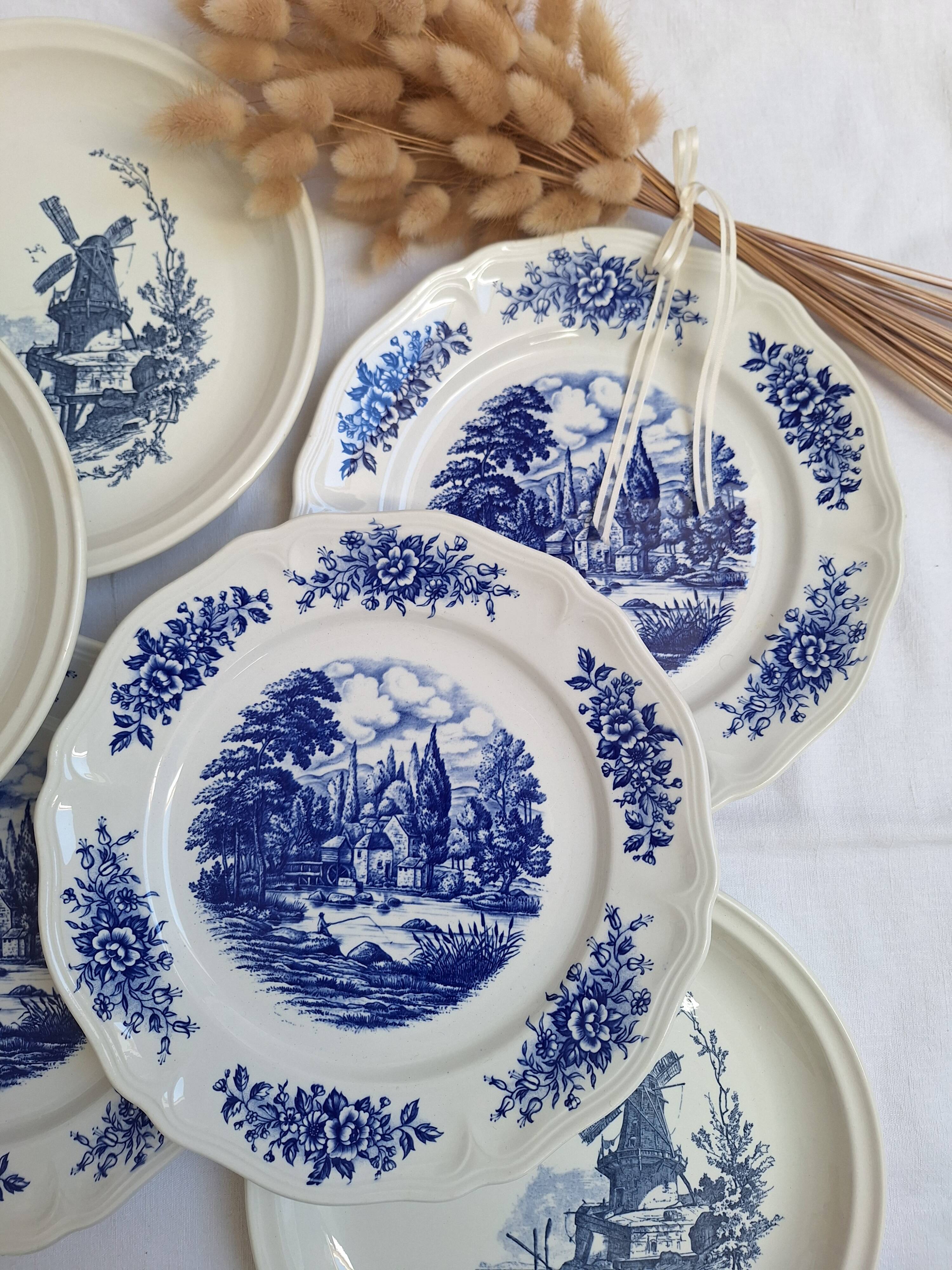Vintage blue Moulin des Loups dinner plates