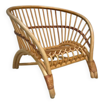 Chaise longue en bambou fait main avec des lacets en cuir, Italie années 1970