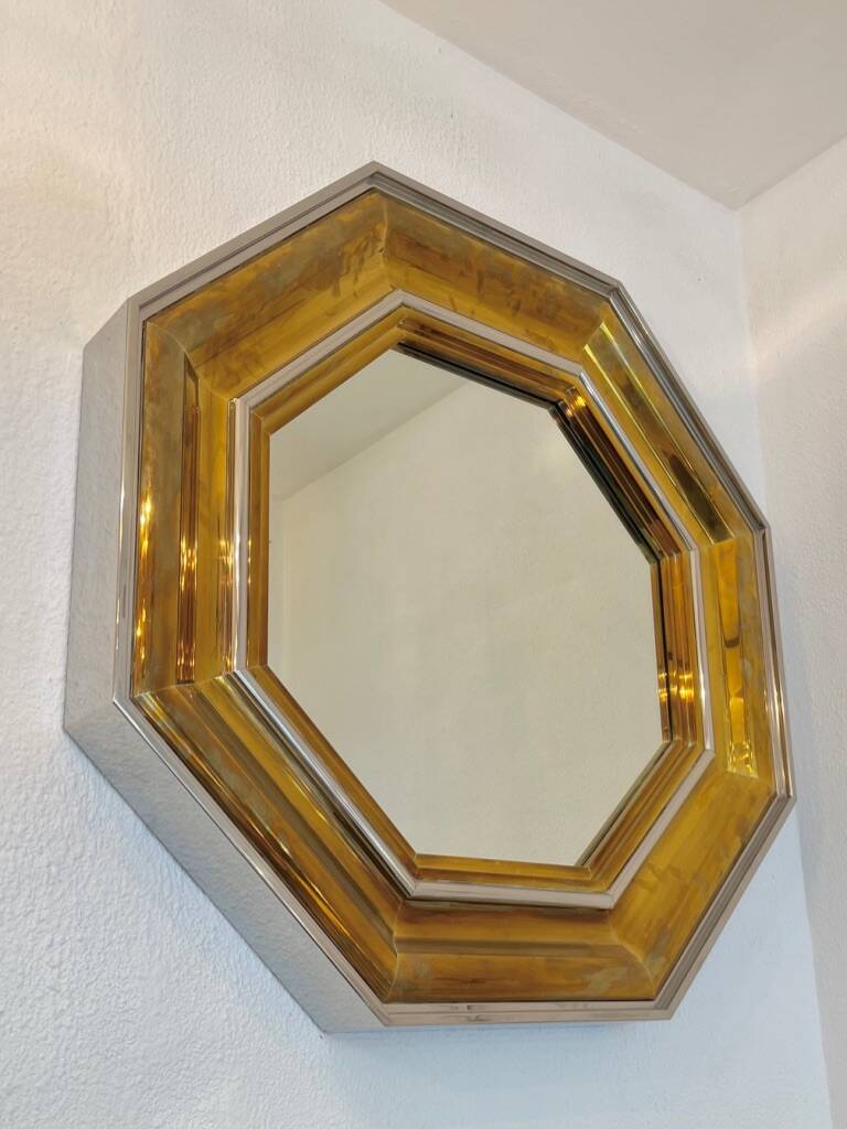 Sandro Petti enormous octagonal mirror brass chrome 1970s Maison Jansen