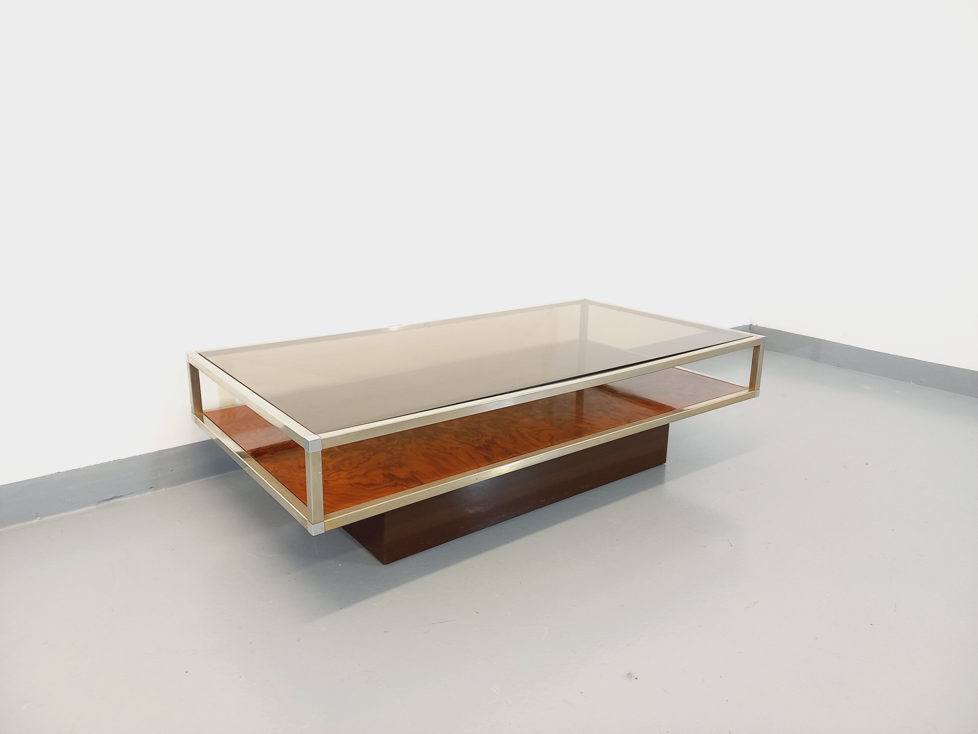 Vintage coffee table in smoked glass, chromed metal and magnifying glass from the 70s