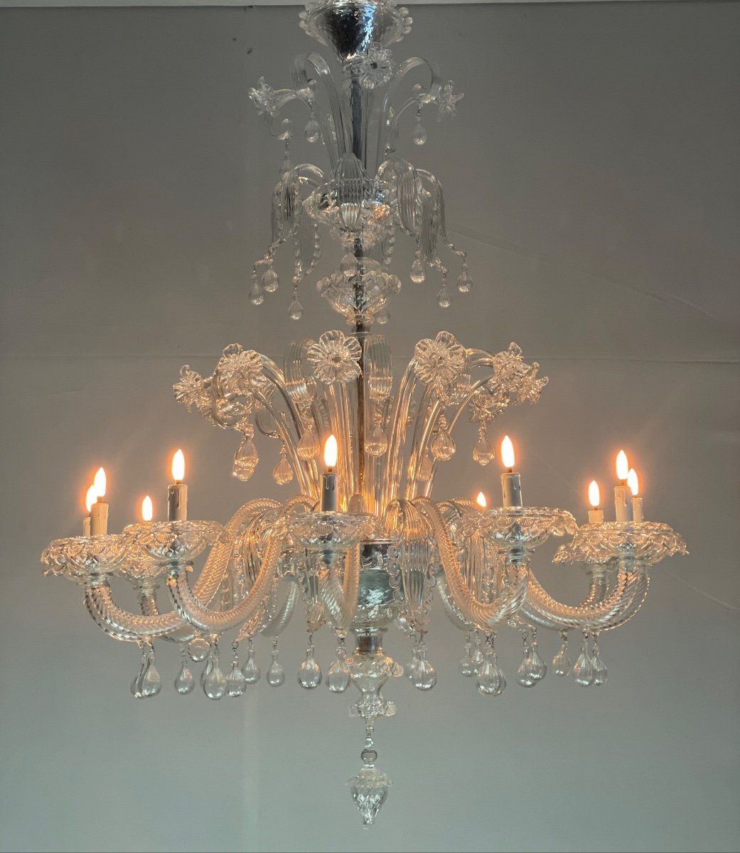 Venetian chandelier in colorless Murano glass, 12 arms of light
